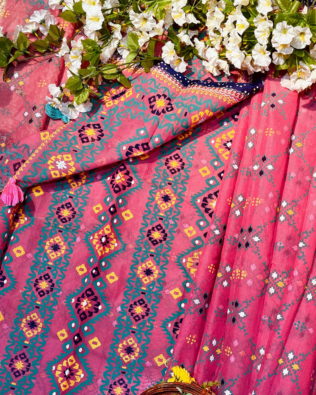 Pink fabric with colorful patterns and white flowers on a pink background