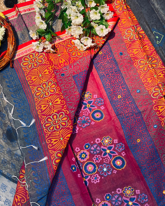 Colorful fabric with floral patterns on a textured surface