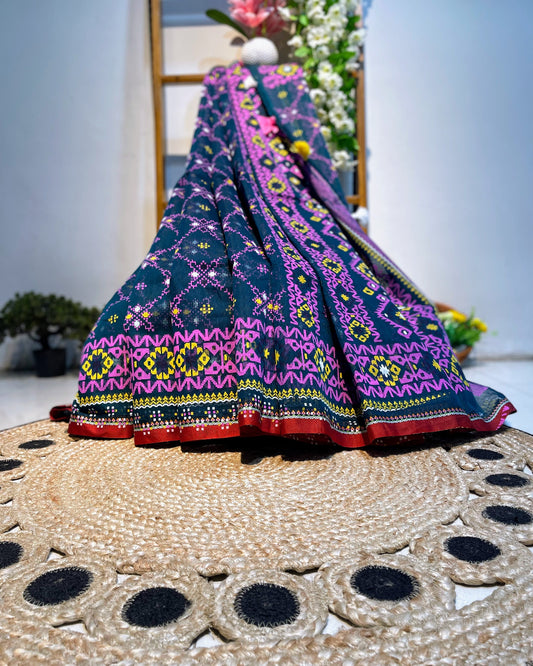 Colorful embroidered fabric draped over a woven surface with a blurred floral background