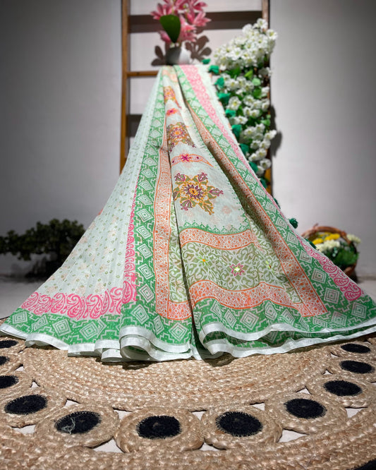 Traditional embroidered fabric with floral patterns on a woven surface