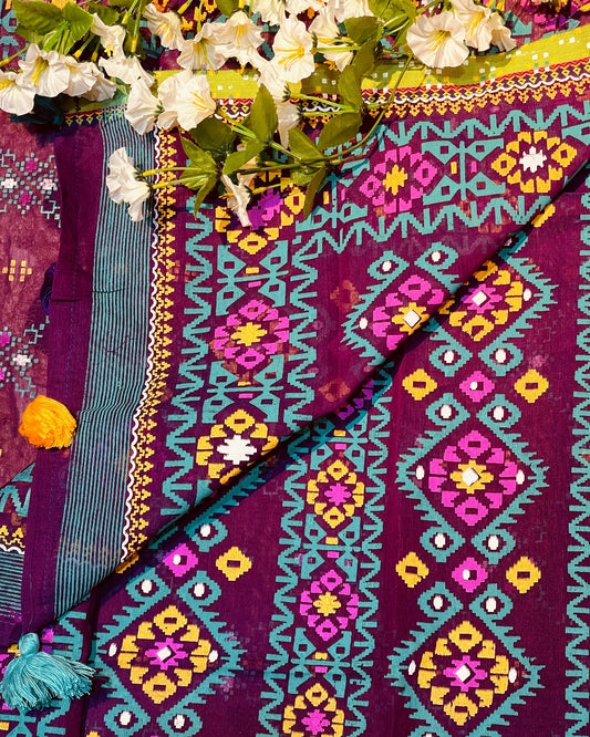 Colorful fabric with intricate patterns and floral elements