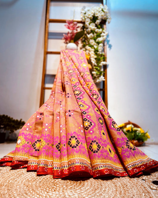 Colorful traditional saree with intricate patterns on a textured surface.