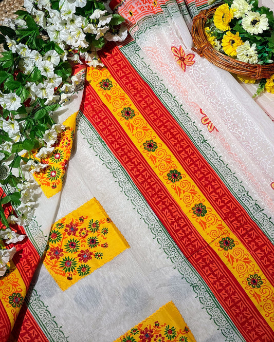 Decorative tablecloth with floral patterns and a basket of flowers on a white surface