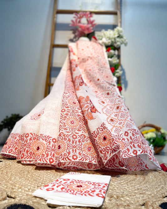 Traditional outfit with red floral patterns on a textured surface