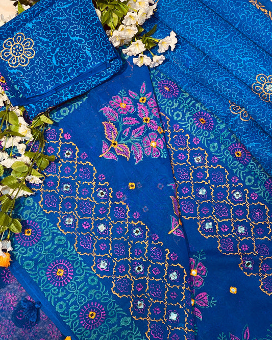 Blue fabric with intricate patterns and white flowers