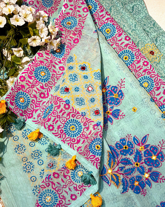 Colorful fabric with floral and geometric patterns on a natural background