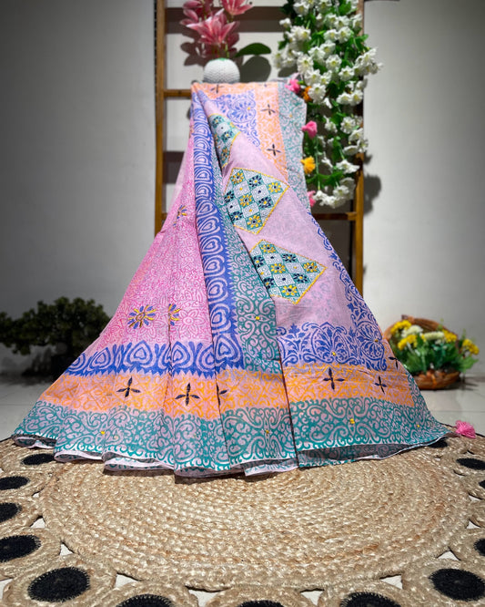 Colorful traditional fabric with intricate patterns on a woven mat