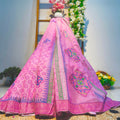Pink embroidered saree with a decorative background